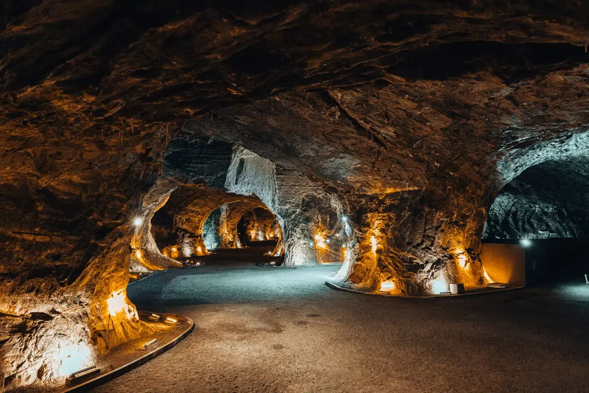 Lit underground mine cavern
